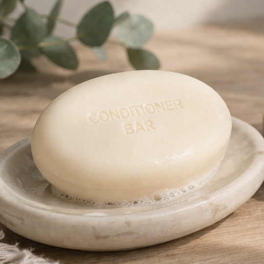 One conditioner bar on a wooden surface with eucalyptus leaves and white flowers.