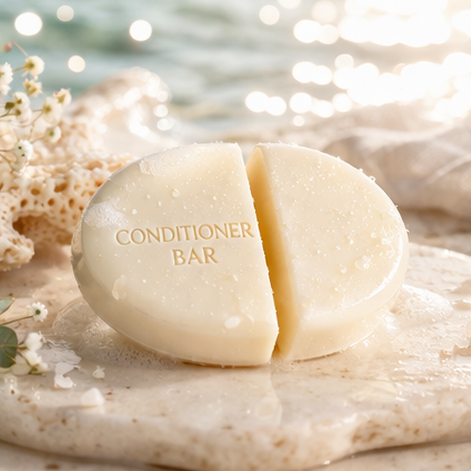 A white shampoo bar on a stone surface with flowers and leaves,.