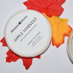 An open white candle jar labeled 'Blossom Haven Apple Harvest' sits beside its lid, styled with red and orange autumn leaves on a white background.