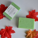 A light green rectangular bar of soap and its wrapped package on a white background, surrounded by decorative red and orange autumn leaves. The package label reads "Apple Harvest" and shows the brand "Blossom Haven"