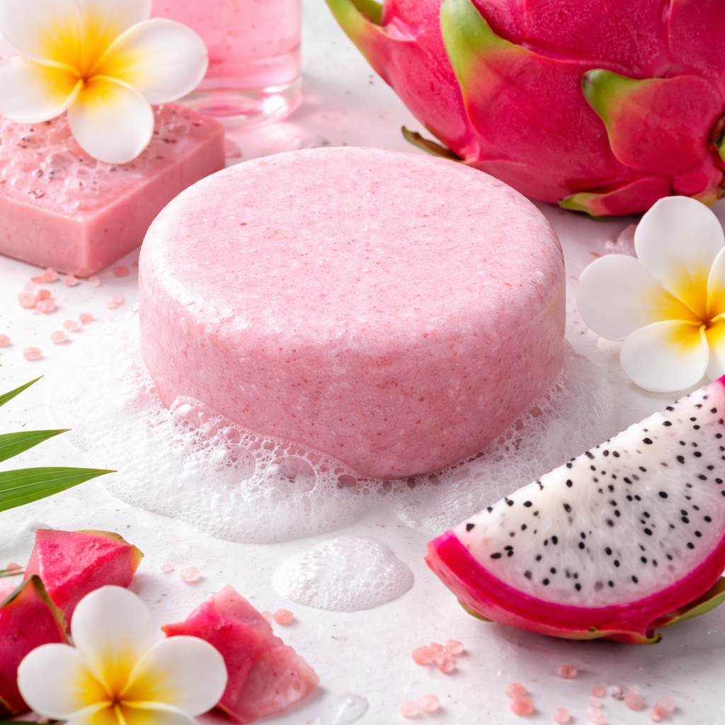 Pink soap bar with dragon fruit and flowers on a white background