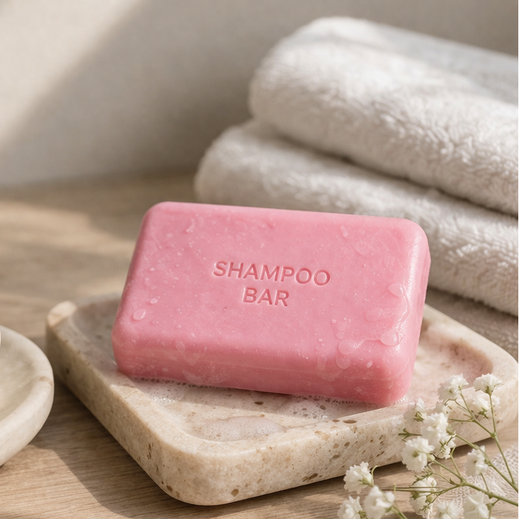A pink shampoo bar on a wooden surface with eucalyptus leaves and white flowers.